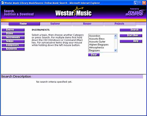 MusicSource Instruments Search Screen image.