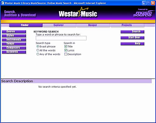MusicSource Keywords Search Screen image.
