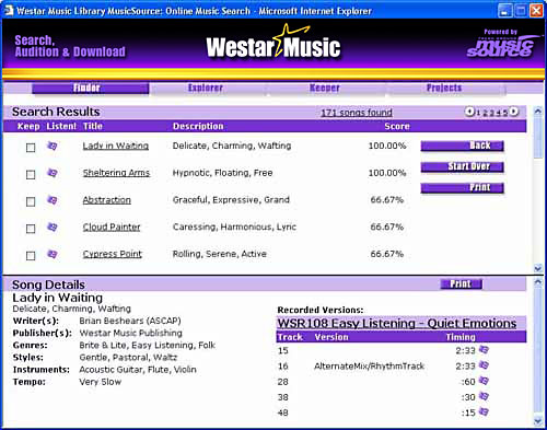 MusicSource Search Results Screen.