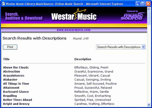 MusicSource Search Results Screen image.
