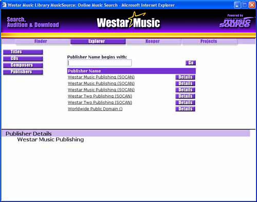 MusicSource Explorer Publishers Screen image.