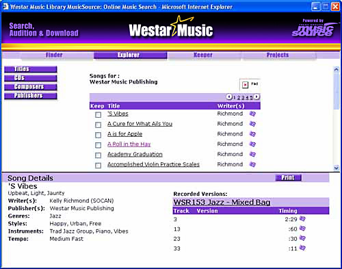 MusicSource Explorer Publishers Screen image.