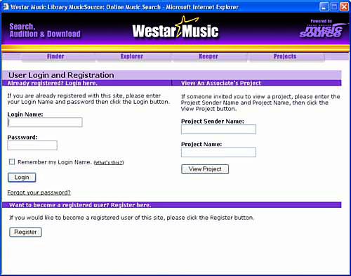 MusicSource Projects Login Screen image.