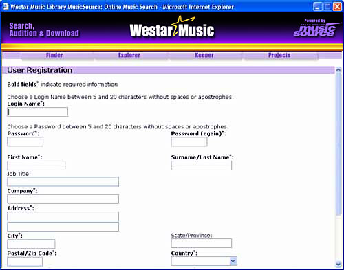 MusicSource Projects Registration Screen image.