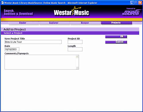 MusicSource Add to Project Screen image.