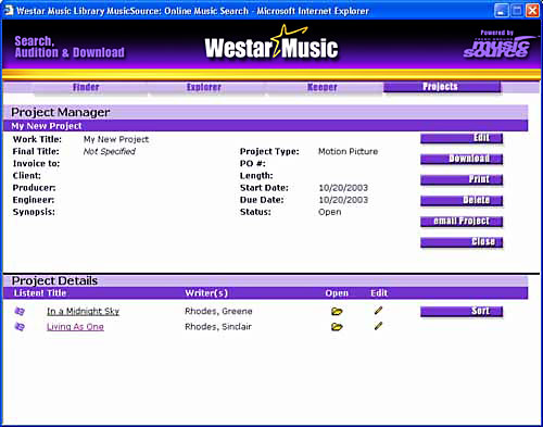 MusicSource Project Manager Screen image.