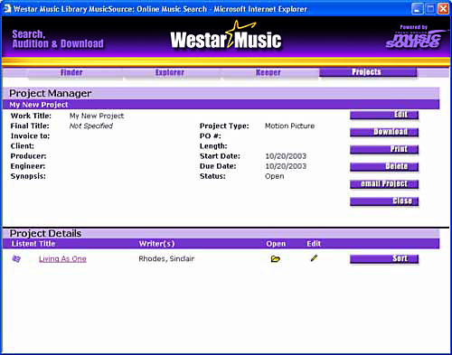 MusicSource Project Manager Screen image.